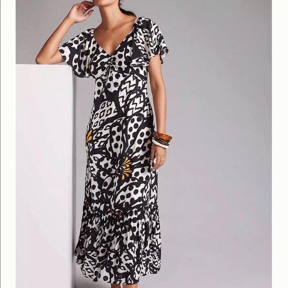 FARM Rio Dresses & Skirts - Anthropologie x Farm Rio Flutter Sleeve Med 8/10 Black White Ruffled Maxi Dress